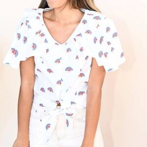 Saint Geraldine rainbow eye print ruffle bow front crop button down new medium